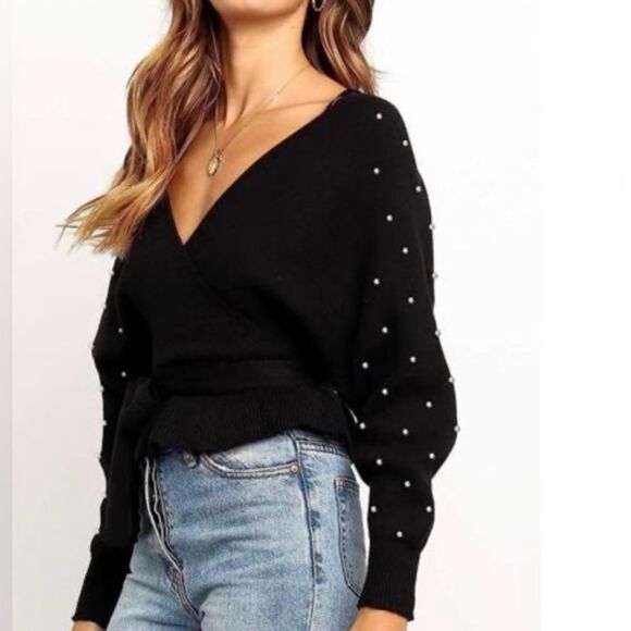 Black vneck pearl accented wrap sweater size medium - Picture 2 of 8